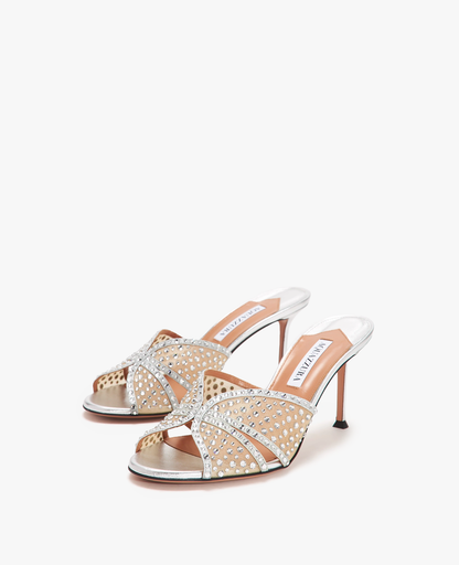 Aquazzura Crystal Lover 75 Silver Mule Sandals